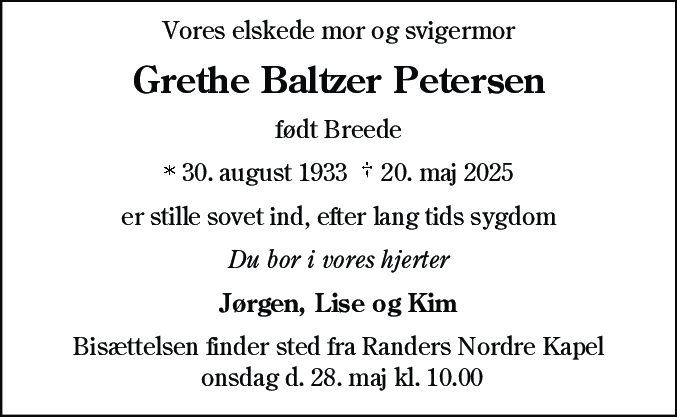 Dødsannonce for Grethe Petersen