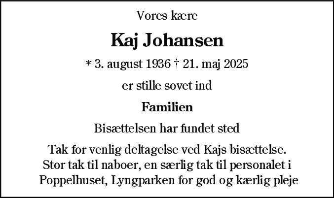 Dødsannonce for Kaj Johansen