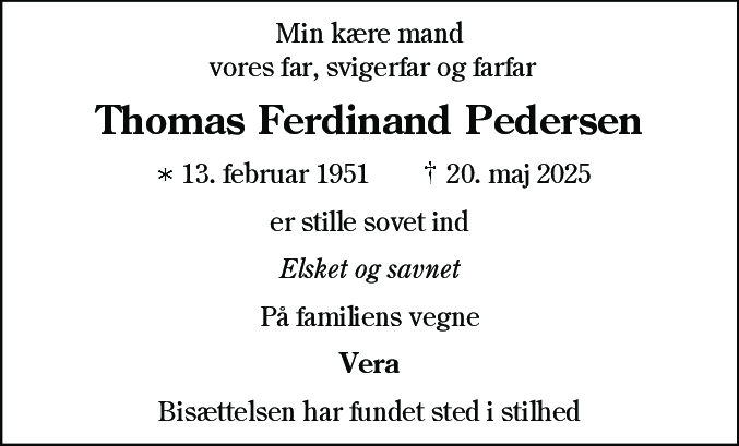 Dødsannonce for Thomas Ferdinand Pedersen