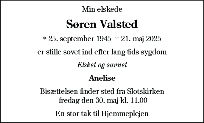 Dødsannonce for Søren Valsted