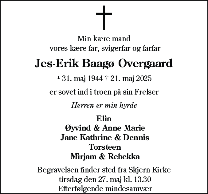 Dødsannonce for Jes-Erik Baagø Overgaard