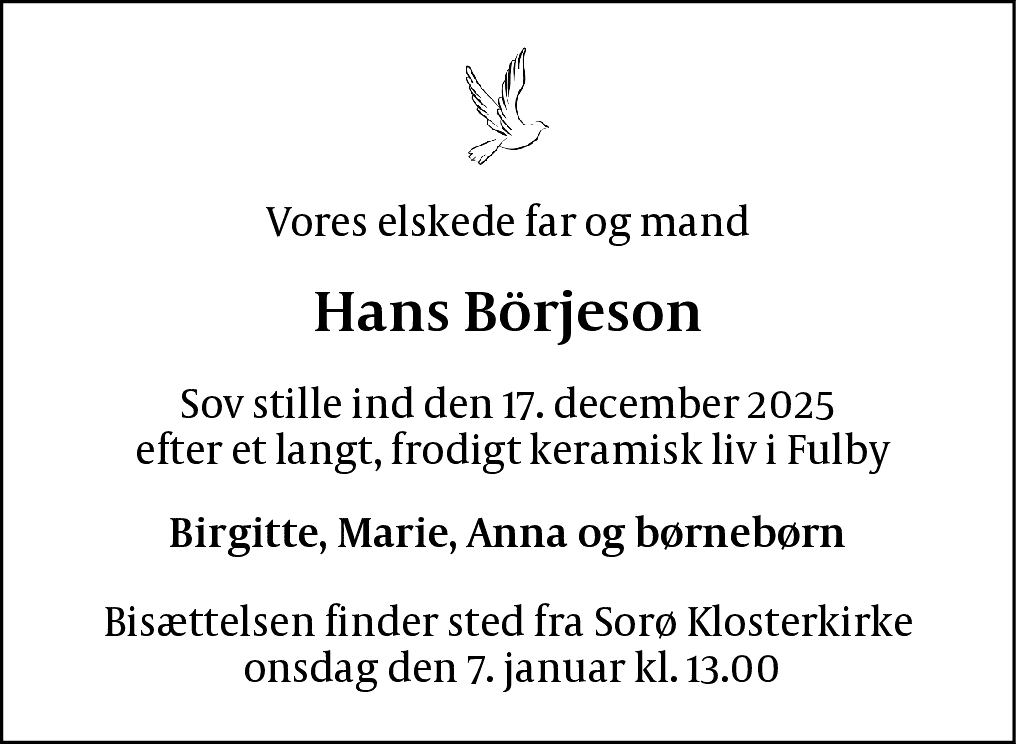 Dødsannonce for Hans Gunnar Börjeson