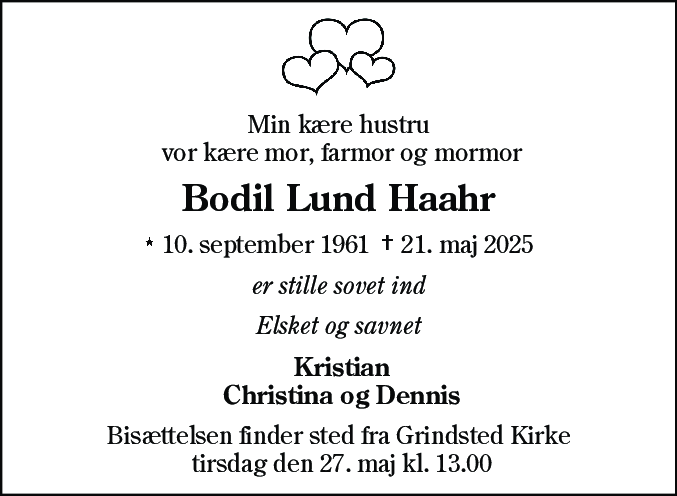 Dødsannonce for Bodil Lund Haahr