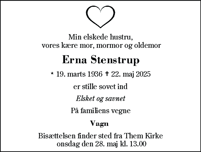 Dødsannonce for Erna Stenstrup