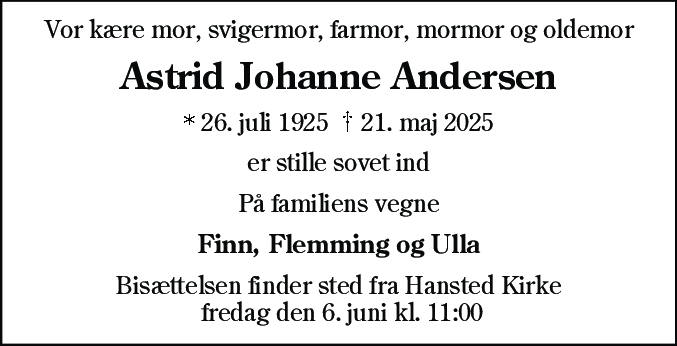 Dødsannonce for Astrid Johanne Andersen