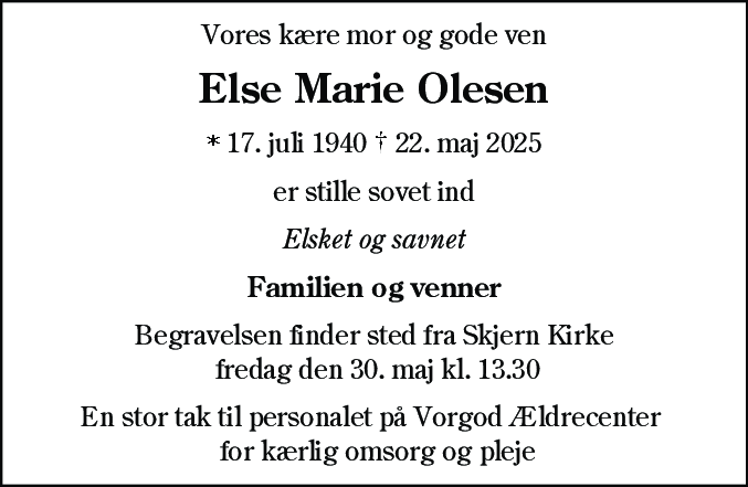 Dødsannonce for Else Marie Olesen