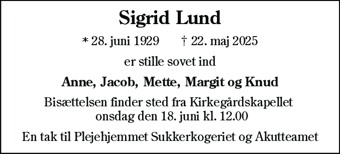 Dødsannonce for Sigrid Lund
