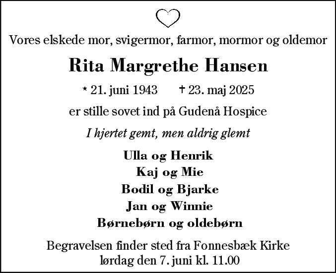 Dødsannonce for Rita Margrethe Hansen