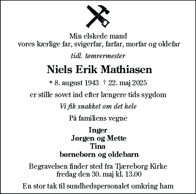 Dødsannonce for Niels Erik Mathiasen