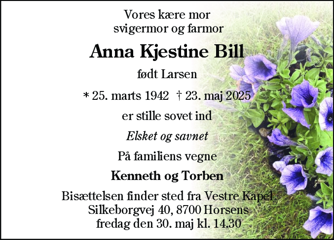 Dødsannonce for Anna Kjestine Bill