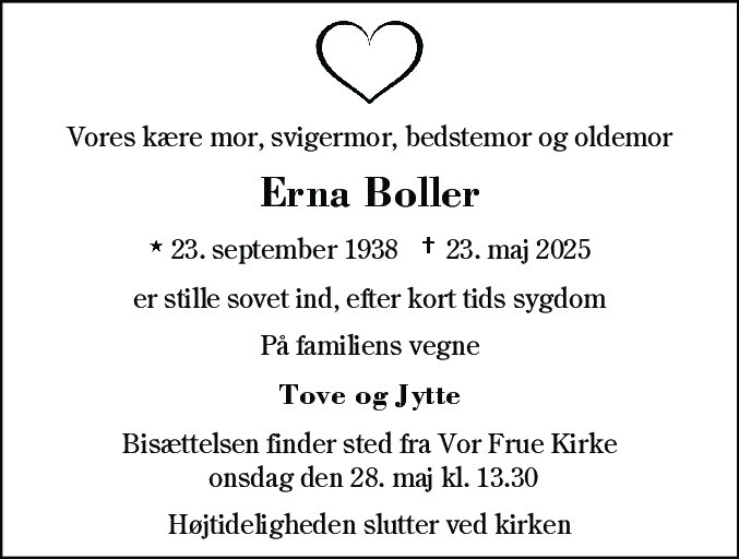 Dødsannonce for Erna Boller
