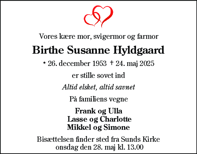 Dødsannonce for Birthe Susanne Hyldgaard
