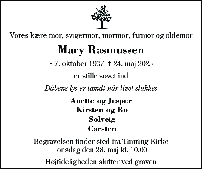 Dødsannonce for Mary Kirstine Rasmussen