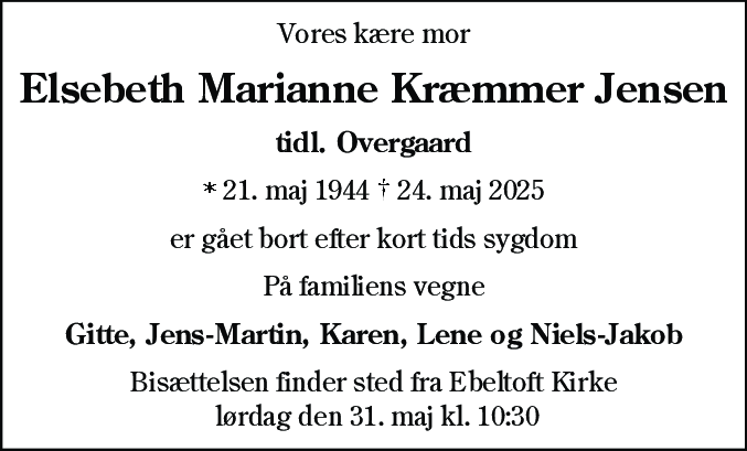 Dødsannonce for Elsebeth Marianne Kræmmer Jensen