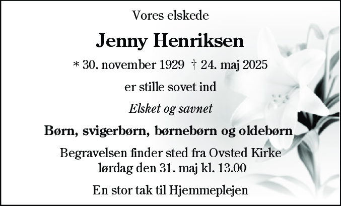 Dødsannonce for Jenny Henriksen