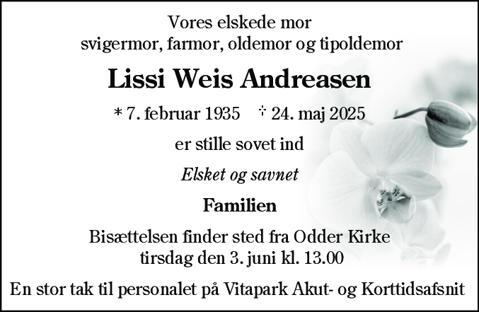 Dødsannonce for Lissi Weis Andreasen