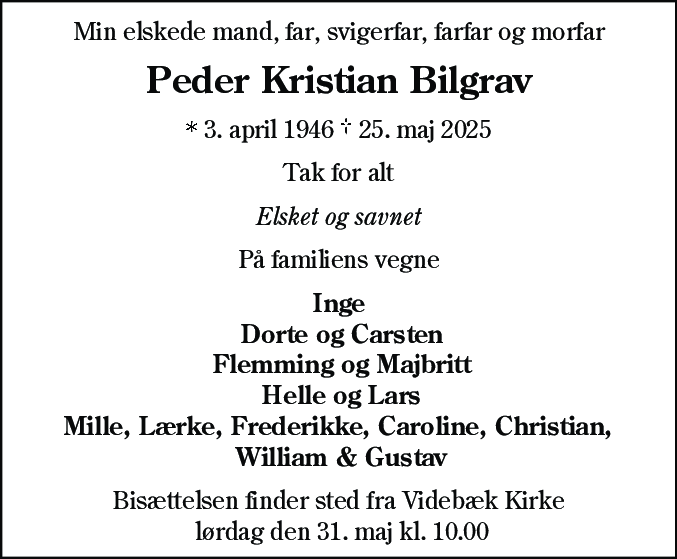Dødsannonce for Peder Kristian Bilgrav