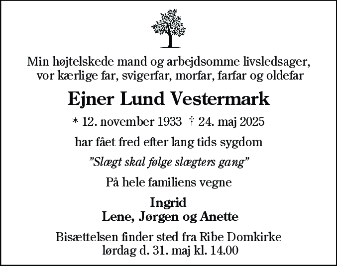Dødsannonce for Ejner Lund Vestermark