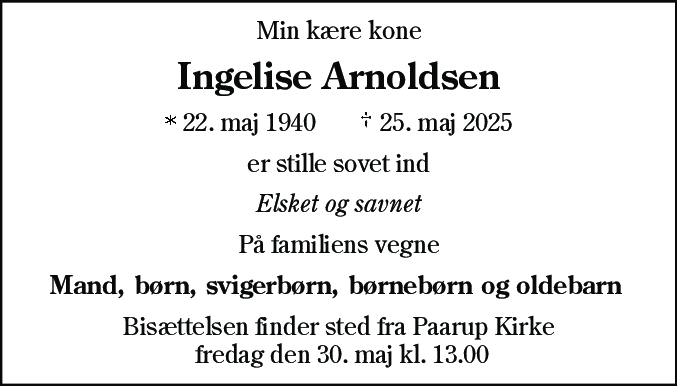 Dødsannonce for Ingelise Arnoldsen