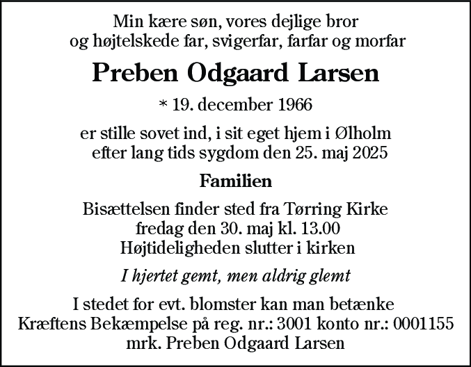 Dødsannonce for Preben Odgaard Larsen