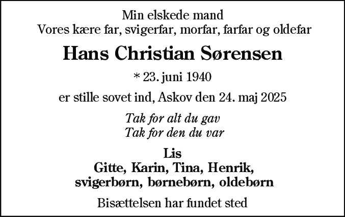 Dødsannonce for Hans Christian Sørensen