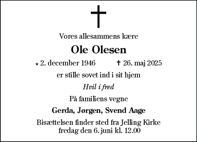 Dødsannonce for Ole Olesen