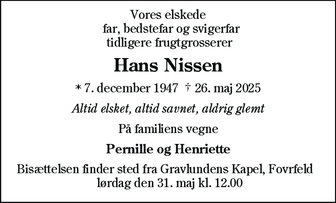 Dødsannonce for Hans Nissen