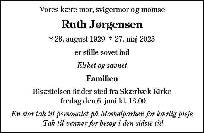 Dødsannonce for Ruth Jørgensen