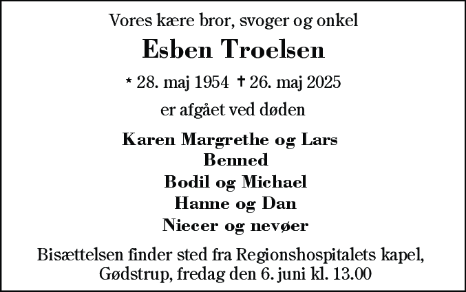 Dødsannonce for Esben Troelsen