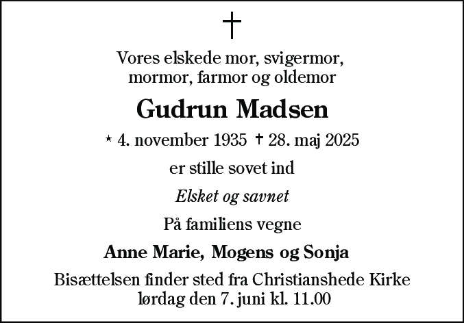 Dødsannonce for Gudrun Madsen
