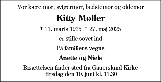 Dødsannonce for Kitty Møller