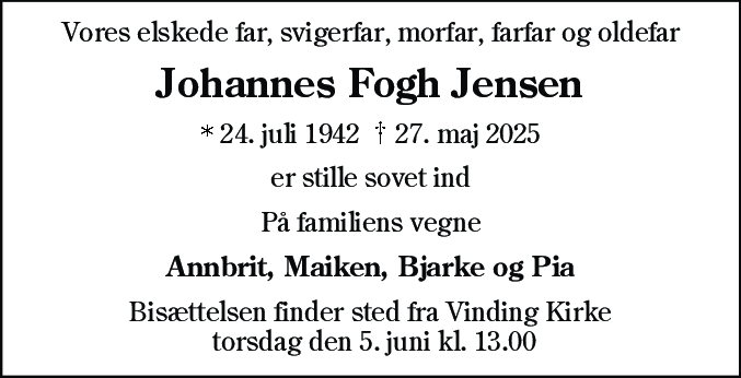 Dødsannonce for Johannes Fogh Jensen