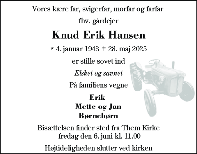 Dødsannonce for Knud Erik Hansen