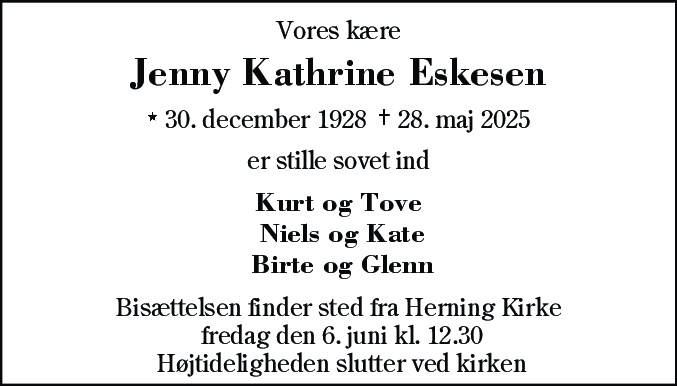 Dødsannonce for Jenny Kathrine Eskesen