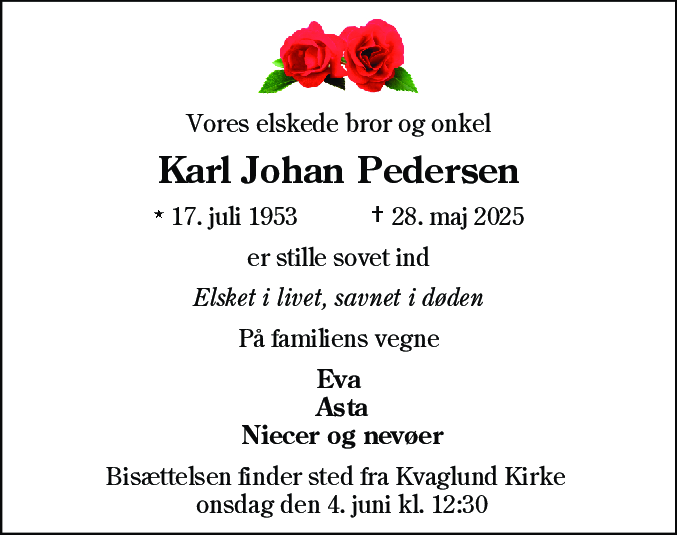 Dødsannonce for Karl Johan Pedersen