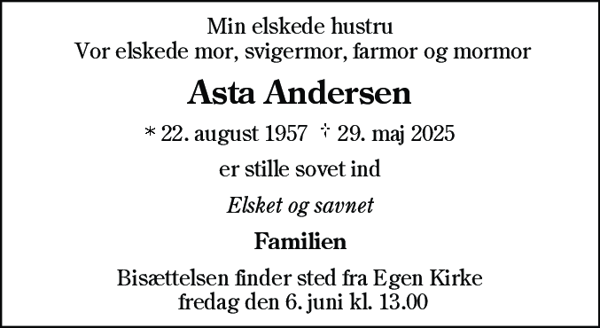 Dødsannonce for Asta Andersen