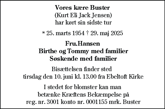 Dødsannonce for Kurt Eli Jack Jensen