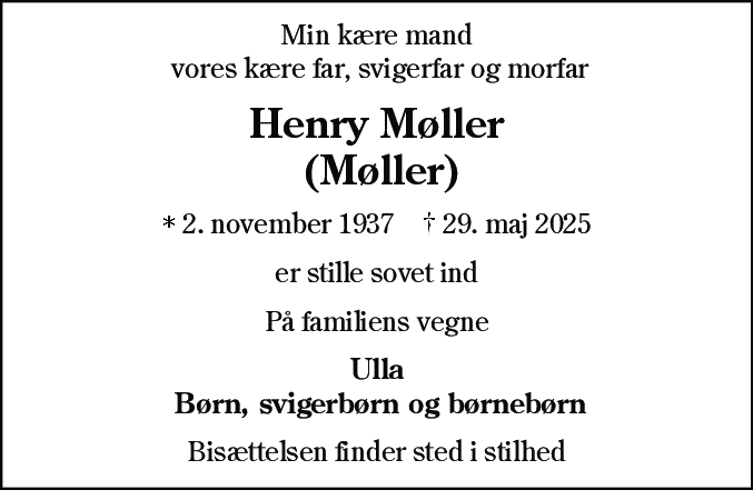 Dødsannonce for Henry Møller