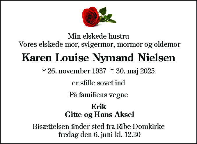 Dødsannonce for Karen Louise Nielsen