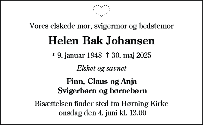 Dødsannonce for Helen Bak Johansen