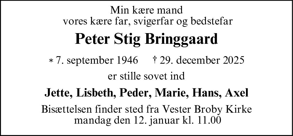 Dødsannonce for Peter Stig Bringgaard
