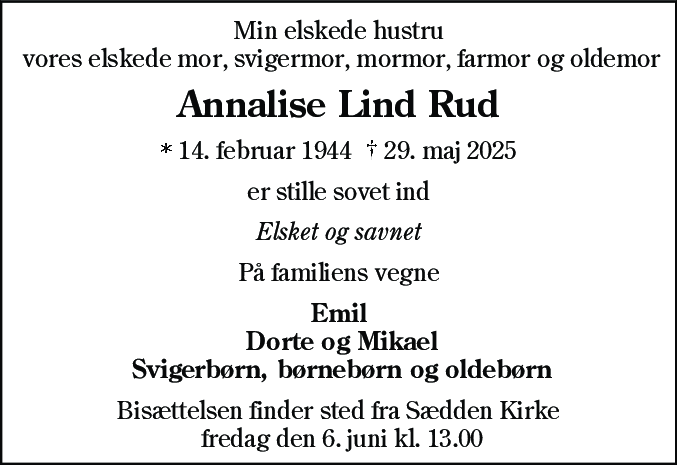 Dødsannonce for Annalise Lind Rud