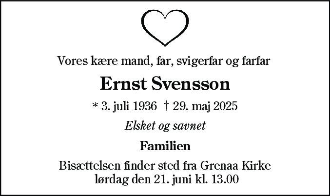 Dødsannonce for Ernst Svensson