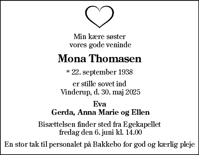 Dødsannonce for Mona Lisa Thomasen