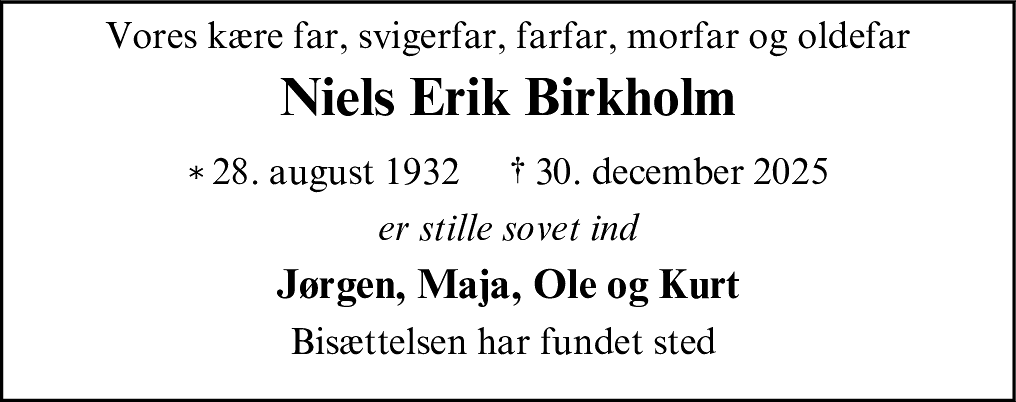 Dødsannonce for Niels Erik Birkholm