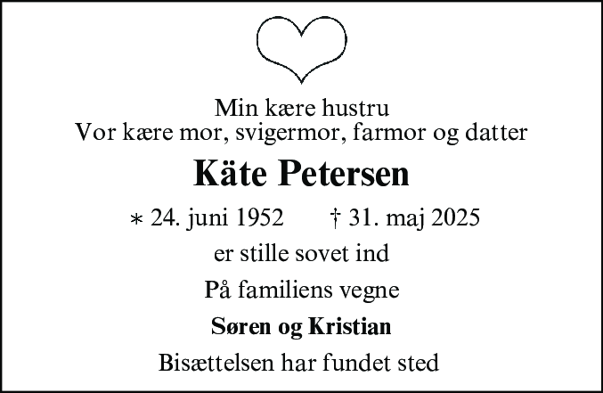 Dødsannonce for Kate Petersen