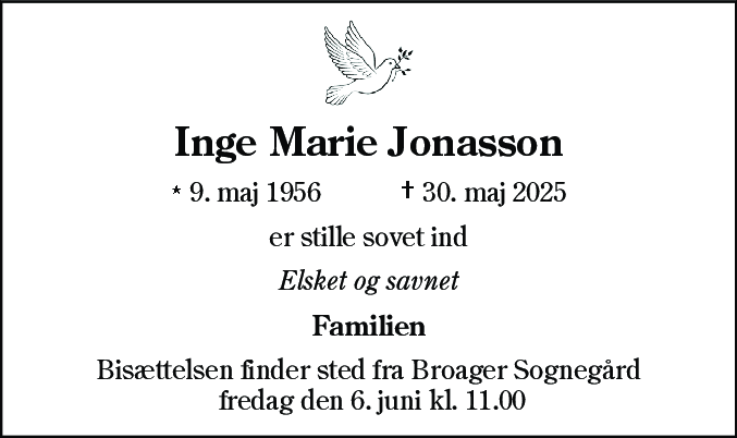 Dødsannonce for Inge Marie Jonasson