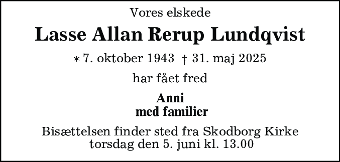 Dødsannonce for Lasse Allan Rerup Lundqvist