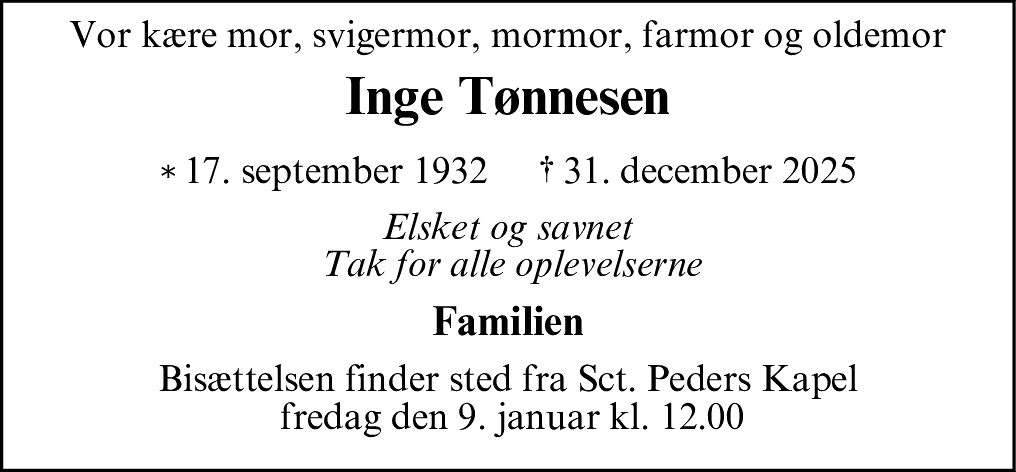 Dødsannonce for Inge Karen Kristine Tønnesen
