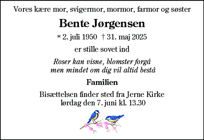 Dødsannonce for Bente Jørgensen